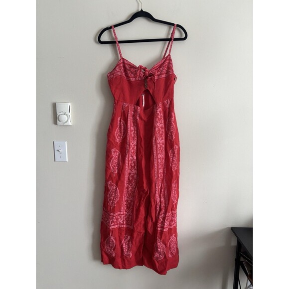Free People Feel the Sun Jumpsuit Romper Womens 6 Small Red Linen Boho Festival - Picture 2 of 7